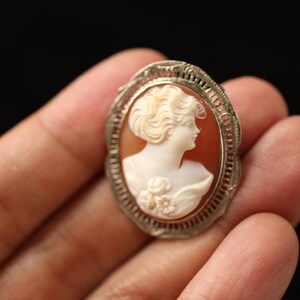 May include: A cameo brooch featuring a woman's profile in white against a pink shell background. The cameo is set in a silver filigree frame.
