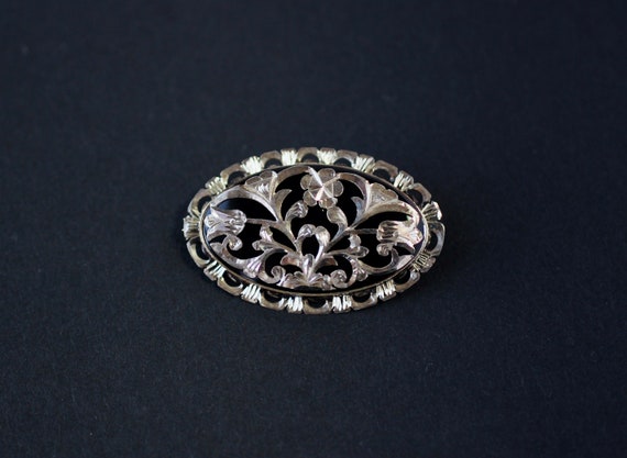 Antique Victorian Sterling Silver Stamped Oval Ornate Brooch Pin