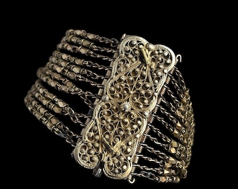 Antikes Ottoman Sterlingsilber-Armband - Gold-Overlay-filigranes Panel, 12-Strang-Kette