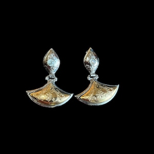 Vintage 1980s Silver and Gold Tone Fan Dangle Clip-On Earrings
