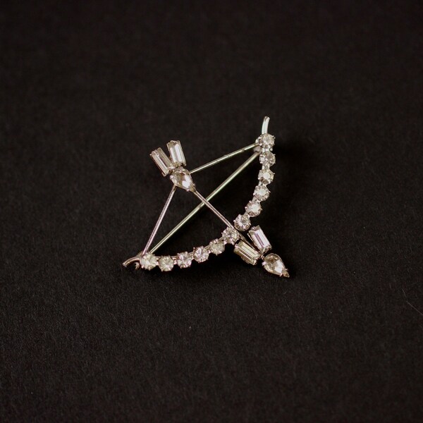 Carl Art 1940s Sterling Silver Bow and Arrow Brooch with Clear Rhinestones Vintage