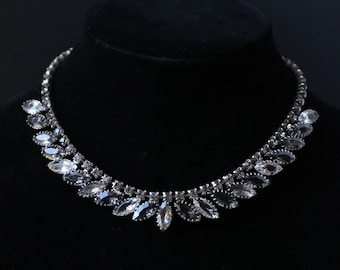 Vintage 1950s Fringe Navette Multicolored Smokey Rhinestone Necklace with Hook Clasp Unsigned
