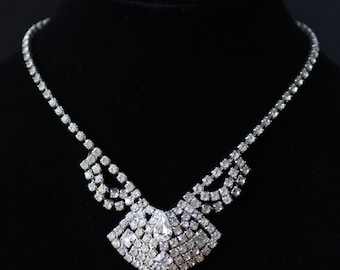 Vintage 1950s Silver-Toned Clear Rhinestone Statement Necklace - 16 Inches