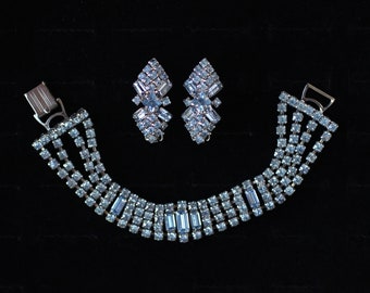 Vintage Pale Blue Rhinestone Bracelet and Clip On Earrings Jewelry  Set