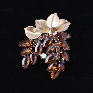 Vintage JULIANA D&E Book Piece Leaves and Brown Navette AB Crystal Brooch Pin