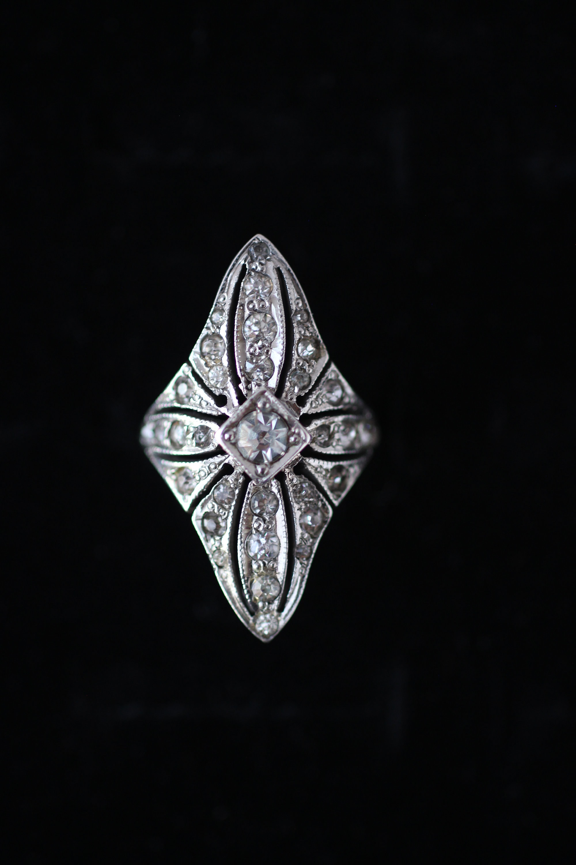 Bague Ancienne Argent 925 Style Art Déco - Avec Cristaux Et Strass, Taille 51,5, Occasion