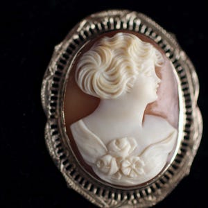 May include: A cameo brooch featuring a carved portrait of a woman with a rose in her hair, set in a silver tone metal frame.