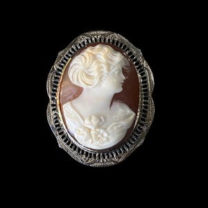 May include: A cameo brooch featuring a carved portrait of a woman with a floral design. The cameo is set in a silver filigree frame.