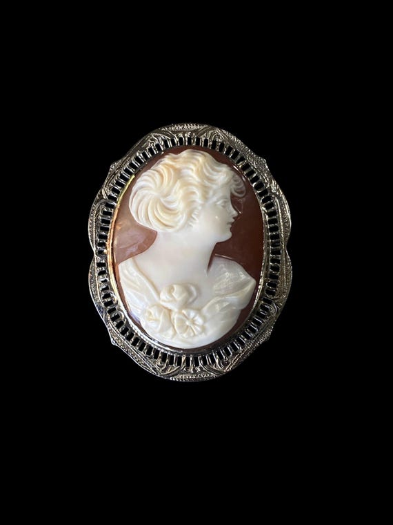 Antique Edwardian 14k White Gold Shell Cameo Brooch Pin  Early 1900s