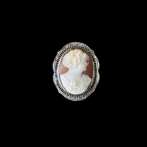 May include: A cameo brooch featuring a white cameo of a woman's profile in a gold-toned filigree frame.