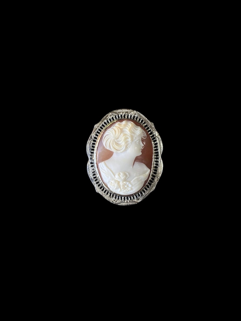 May include: A cameo brooch featuring a white cameo of a woman's profile in a gold-toned filigree frame.