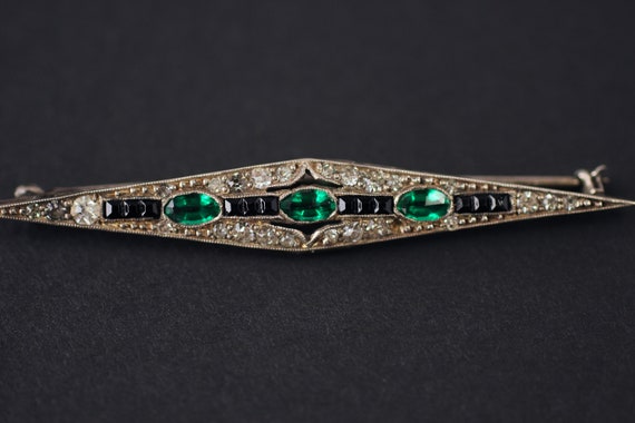 1920s Art Deco Sterling Silver Brooch with Green,… - image 2