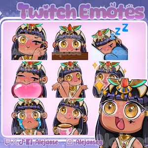Puede incluir: Una colección de nueve emoticonos digitales que muestran a una persona con cabello oscuro, ojos dorados y un tocado de estilo egipcio. Los emoticonos muestran varias expresiones, incluyendo guiños, dormir con Zs azules, sostener un corazón rosa, llorar y beber de una taza de té floral. El texto Twitch Emotes aparece en la parte superior.