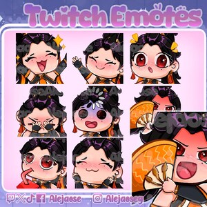 Puede incluir: Una colección de nueve emoticonos digitales de un personaje con cabello negro y ojos rojos en varias expresiones, incluyendo riendo, saludando, llorando y sosteniendo un abanico naranja, sobre un fondo rosa claro con texto.
