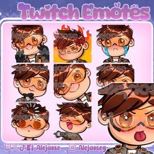 Puede incluir: Una colección de emotes digitales de un personaje con cabello castaño y gafas naranjas en varias expresiones, incluyendo signos de paz, ira con llamas, llanto, sonrisas y un icono de carga sobre un fondo de color rosa claro.