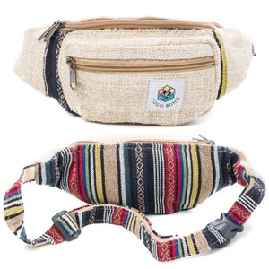 May include: A beige hemp fanny pack with a zippered pocket and a colorful logo that says "YOGO BOHO". The fanny pack has a striped strap.