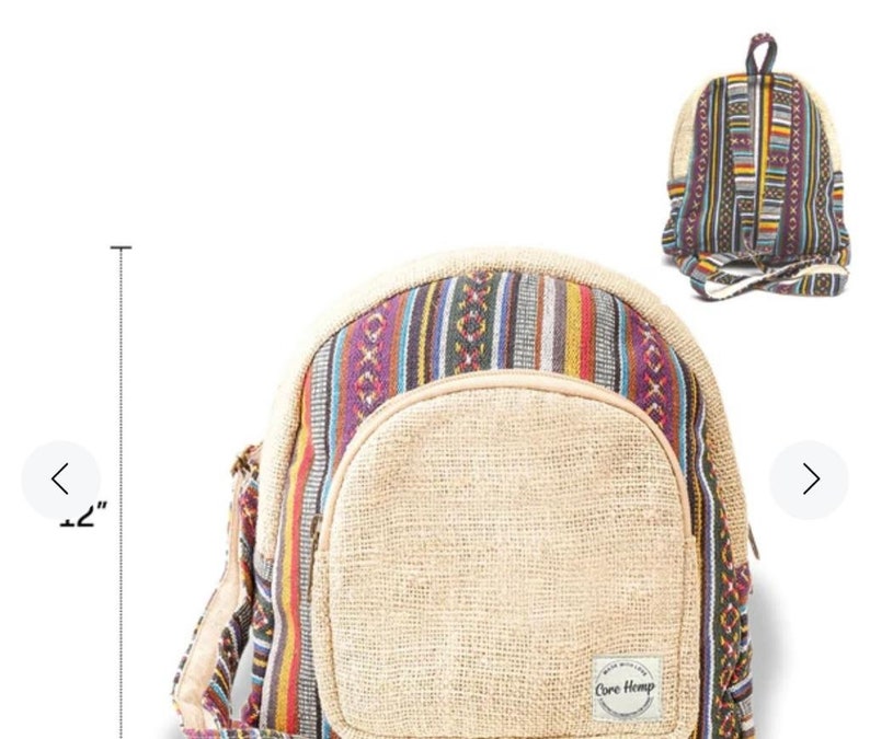 May include: A small, multi-colored hemp backpack with a large front pocket. The backpack has a woven design with stripes and geometric patterns in shades of purple, red, yellow, blue, and black. The front pocket is made of natural hemp fabric and has a "Core Hemp" logo.