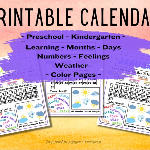 12 Month Printable Preschool Calendar Worksheet Pages, Month, Day, Date, Weather, Interactive Homeschooling, Notebook, Digital Calendar