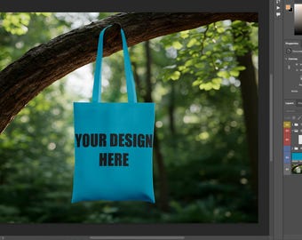 Tote Bag Mockup PSD — Hanging on Tree Branch in Forest