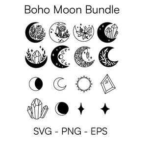 Boho Moon SVG Bundle | Floral Crystal Celestial PNG Clipart | Spiritual Moon Phase Wall Art EPS