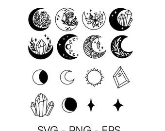 Boho Moon SVG Bundle | Floral Crystal Celestial Clipart (Digital Download)