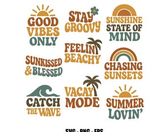 RETRO Summer SVG Bundle – Groovy Summer Quotes, 70s Beach SVGs, Sunset Vibes Clipart
