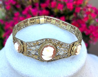 Vintage Italian Silver Filigree Bracelet With 3 Portrait Shell Cameos