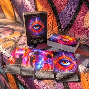 May include: A deck of Alchemy of Awareness oracle cards featuring a black box with a central eye graphic. The set includes a stack of cards and four individual cards displaying vibrant, colorful illustrations of an eye, a panther, and figures.