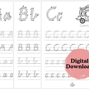 May include: Black and white printable worksheet for learning to write the letters A, B, and C. The worksheet includes uppercase and lowercase letters, tracing lines, and dotted lines for practice. The word "Carriage" is written below the letter C, and a drawing of a carriage is shown to the right.