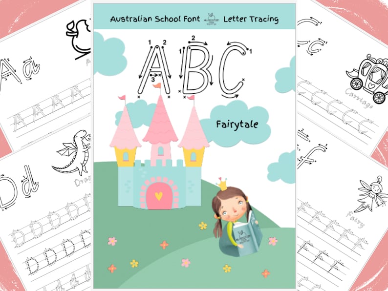 May include: A printable worksheet for kids to practice tracing the letters A, B, and C. The worksheet features a fairytale theme with a castle, a princess, and a book. The letters are dotted to help guide the child's hand.