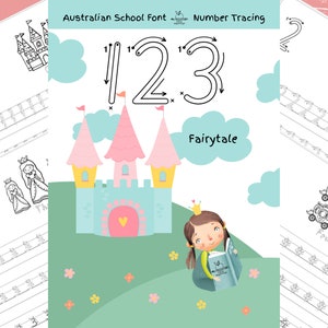 Puede incluir: Una hoja de trabajo imprimible para que los niños practiquen el trazado de los números 1, 2 y 3. La hoja de trabajo presenta un tema de cuento de hadas con una princesa, un castillo y flores. Los números están escritos en una fuente grande y clara con flechas para guiar el trazado del niño.