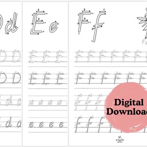 May include: A printable worksheet for practicing writing the letters D, E, and F in cursive. The worksheet includes a dotted line guide for tracing the letters and space for practicing writing the letters multiple times. The worksheet also includes a drawing of a fairy with the word "Fairy" written below it.