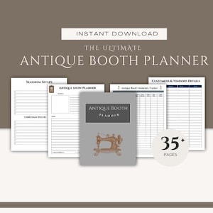 Puede incluir: Un planificador imprimible diseñado para vendedores de puestos de antigüedades. La portada presenta una ilustración de una máquina de coser vintage y el texto "Antique Booth Planner". El planificador incluye secciones para configuraciones estacionales, planificación de espectáculos, seguimiento de inventario y detalles de los clientes. Tiene más de 35 páginas.