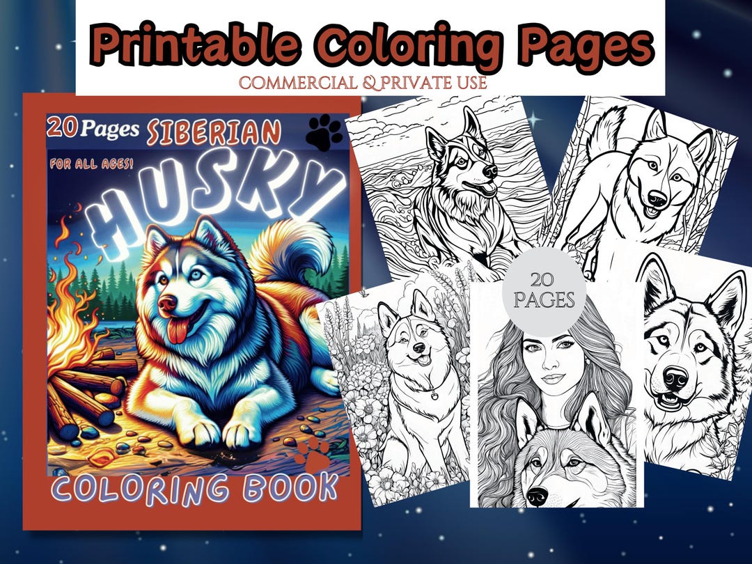 Siberian Husky Dogs Coloring Book, 20 Pages of Cute Husky Dogs ...