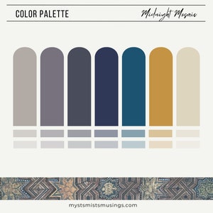May include: Colour palette with the title "Midnight Mosaic". The palette features seven colours: light grey, grey, dark grey, navy blue, teal blue, gold, and beige. The colours are displayed in a row of rounded rectangles. Below the rectangles are smaller squares of the same colours.