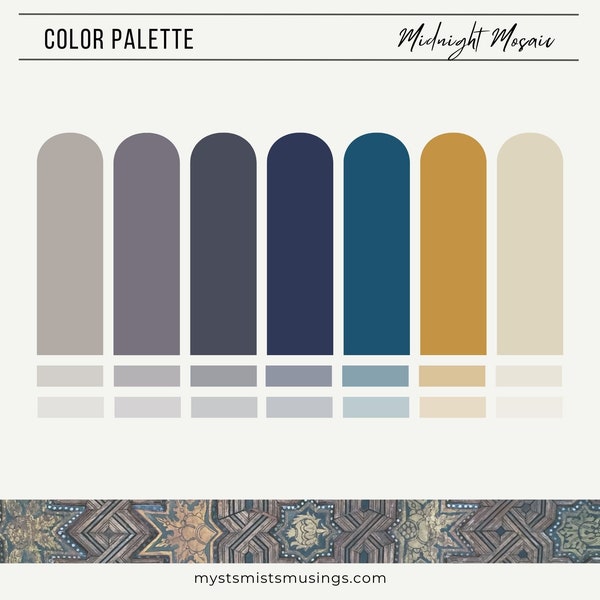 Color Palette | Midnight Mosaic | Hex Codes | Branding | Web Design | Wedding Colors | Instagram Highlight Cover | Blue | Gray | Gold | Navy