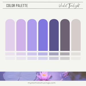 May include: Colour palette titled "Violet Twilight" showcasing seven shades of purple and grey. The colours are arranged in a row from lightest to darkest. The palette is inspired by a photo of a pink water lily floating on a purple water surface.