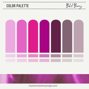 May include: Color palette with the title "Bold Berry" featuring shades of pink, purple, and gray. The palette is displayed in a series of rounded rectangles, with a gradient effect from light to dark. The bottom of the image features a blurred purple background.
