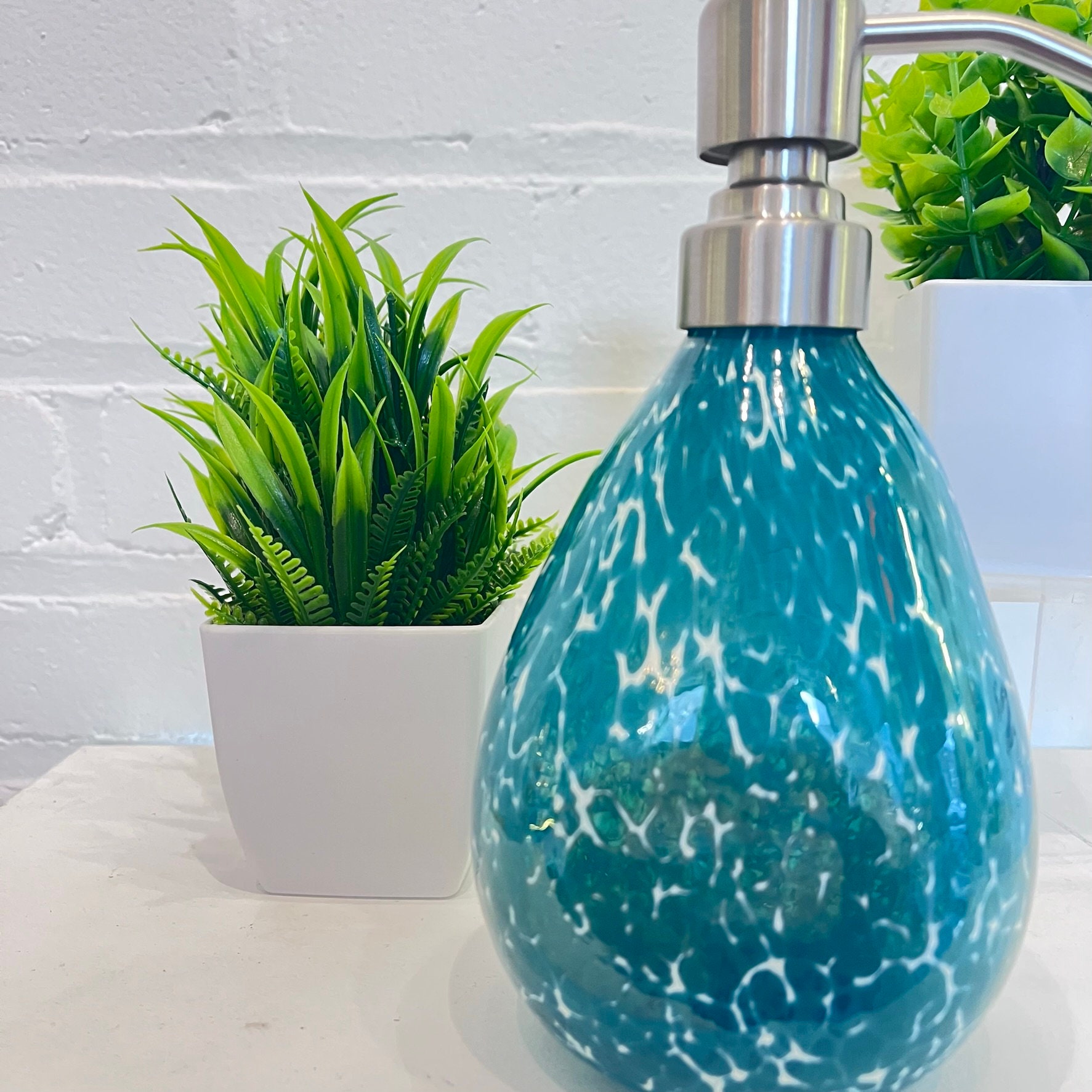 Teal Hand Blown Glass Soap Dispenser Etsy