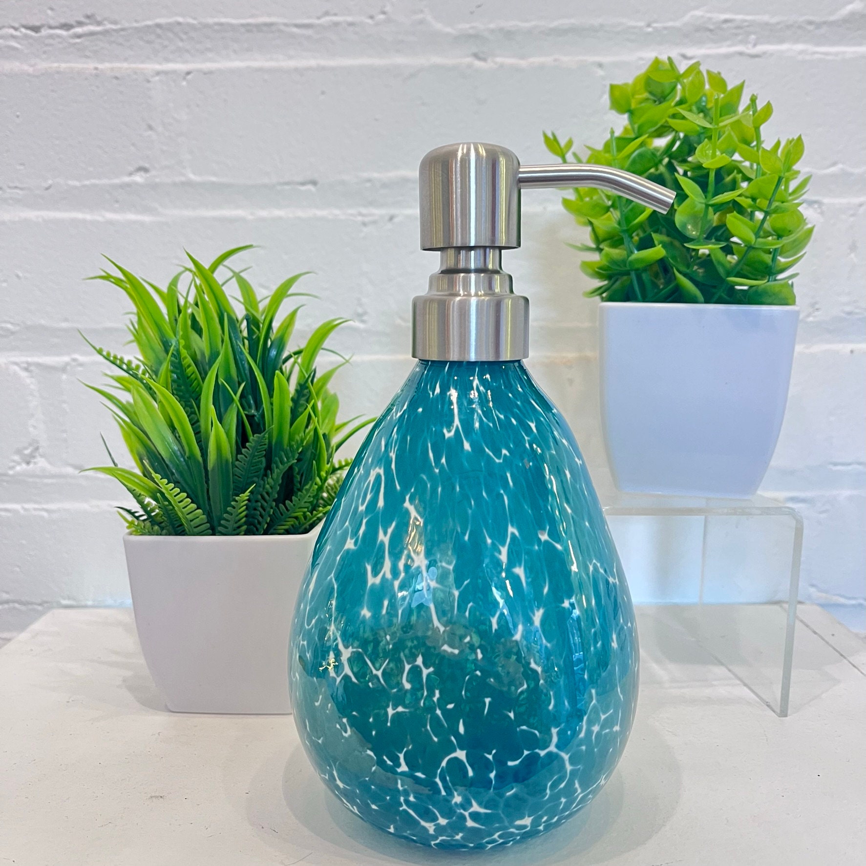 Teal Hand Blown Glass Soap Dispenser Etsy UK
