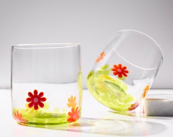 Vasos de whisky Flower Power Rocks / Vidrio soplado a mano fabricado en Rhode Island.