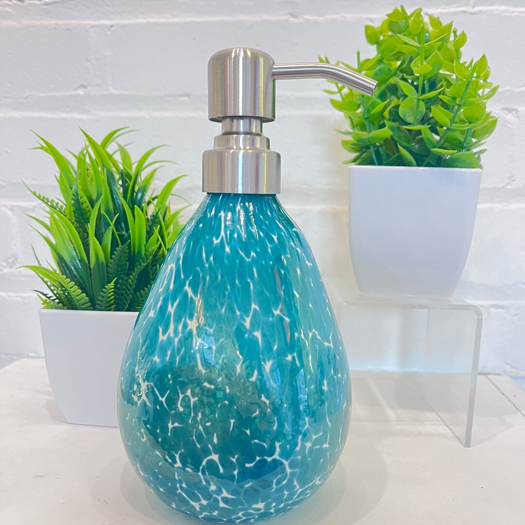 Teal Hand Blown Glass Soap Dispenser Etsy
