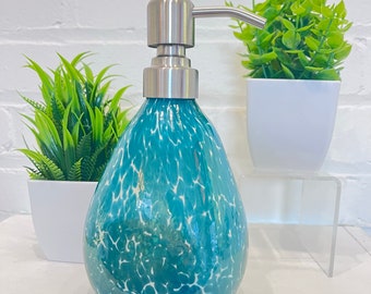 Hand Blown Glass Soap Dispenser  – Eco Friendly Refillable Soap or Lotion Bottle – No Plastic – Housewarming Gift