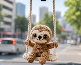 Crochet Sloth Car Charm on Swing, Handmade Amigurumi Rearview Mirror Hanging, Cute Sloth Car Accessory, Sloth Lover Gift