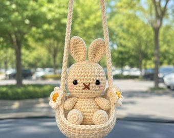 Crochet Bunny Car Charm, Rearview Mirror Hanging Ornament, Handmade Amigurumi Rabbit Swing, Cute Car Decor Gift