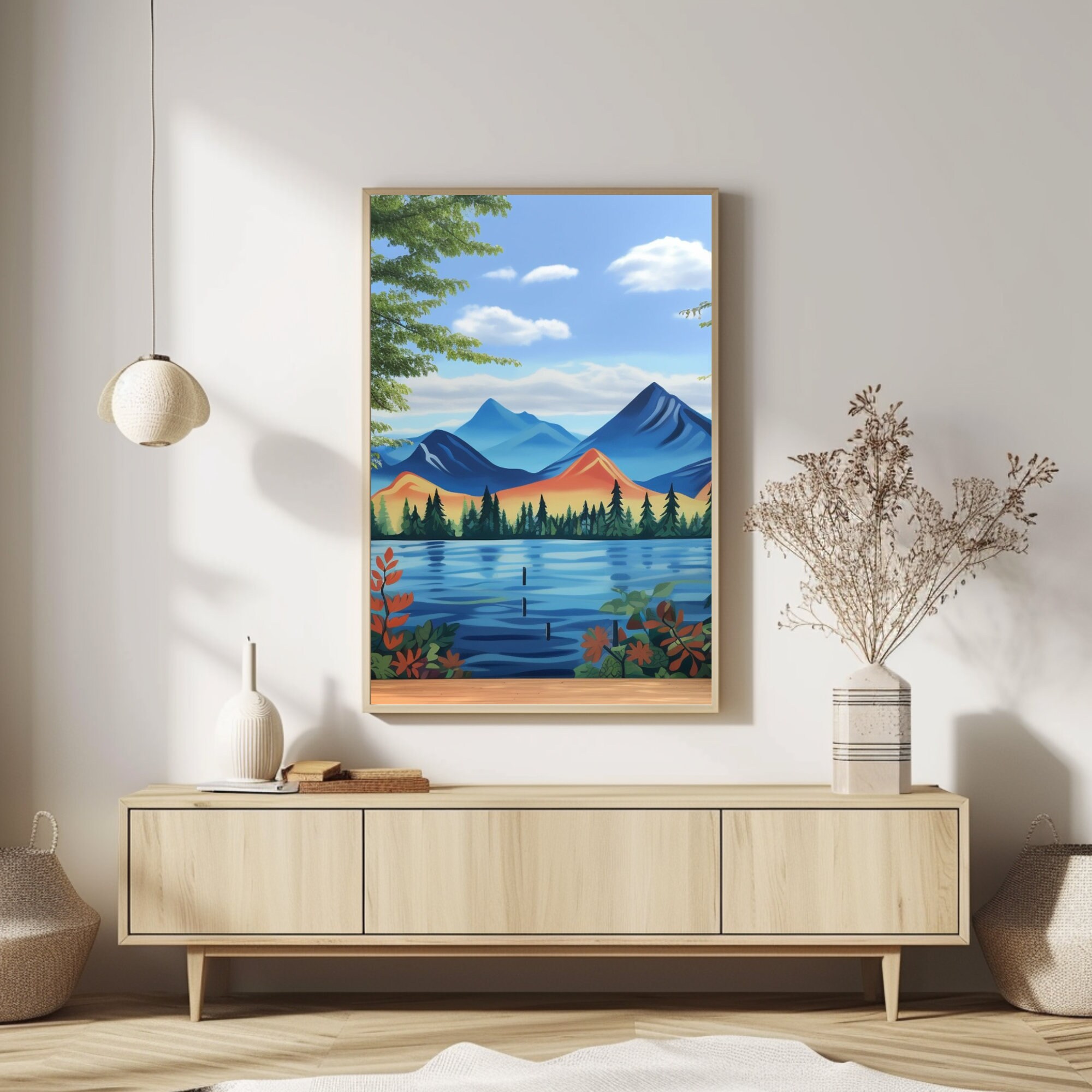 Serene Mountain Lake Art Print, Peaceful Nature Landscape Wall Decor ...
