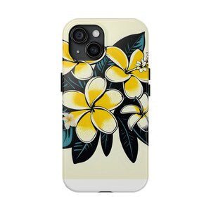 May include: A white phone case with a floral design. The flowers are yellow with a white center and are surrounded by dark green leaves. The phone case has a cutout for the camera lens.