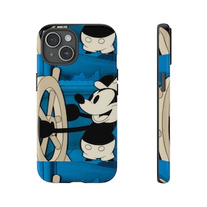 May include: A blue phone case featuring a vintage cartoon design of Mickey Mouse at the helm of a ship. The case has a black border and a side view showing the design wraps around the edges.