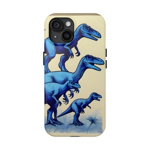 May include: A phone case with a design of four blue dinosaurs on a cream background. The dinosaurs are different sizes and are arranged in a staggered pattern. The case has a camera cutout and a gold trim.