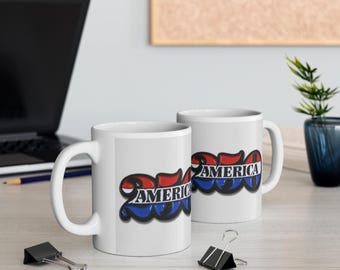 keramische koffiemok, rode, witte en blauwe mok America 250, patriottische koffiekop, Independence Day-cadeau